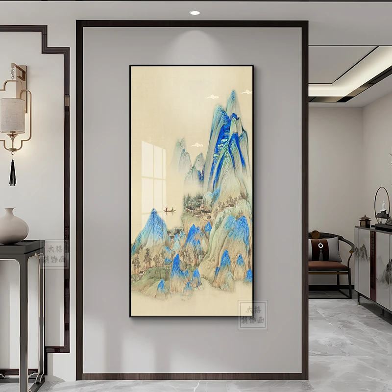 千里江山图玄关装饰画山水新中式竖版入户门走廊好寓意墙壁挂画