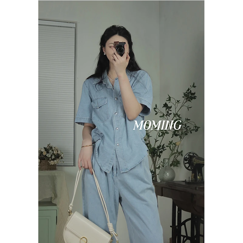 MOMING夏季新品 轻雾香草 极简风博主轻奢金属扣短袖牛仔上衣裤子