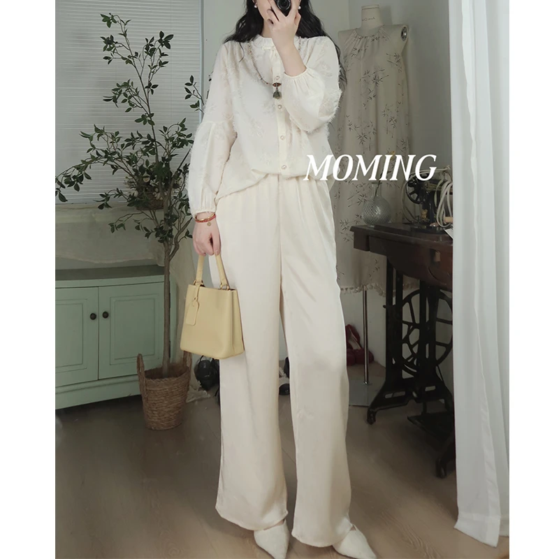MOMING夏季新品 高妹中式慵懒随意缎感轧花抽绳阔腿长裤