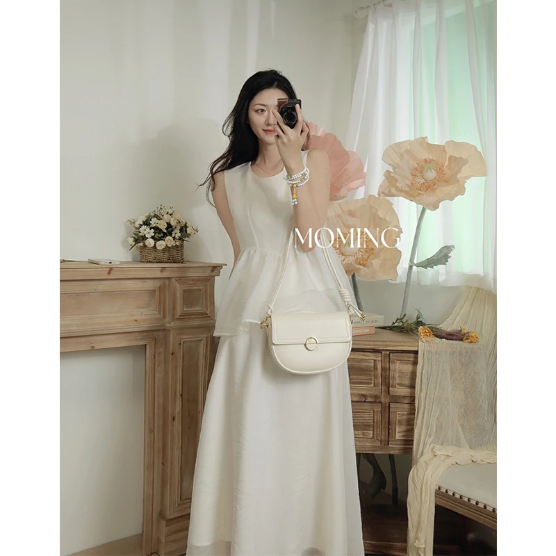 MOMING夏季新品 和风法式清新圆领无袖飘逸小衫高腰A字半身裙套装
