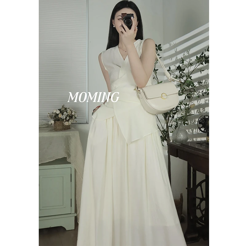 MOMING  加州盛夏 简约通勤风经典交叉绑带背心显瘦半裙套装