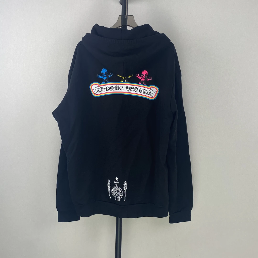 全新未使用Chrome Hearts SS24 foti 彩色骷髅卷轴拉链帽衫黑色