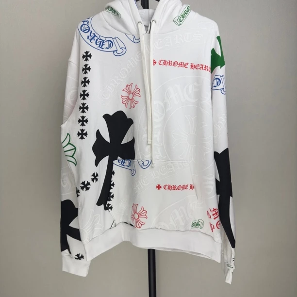 全新未使用 Chrome Hearts/克罗心 十字涂鸦logo多元素喷绘帽衫白