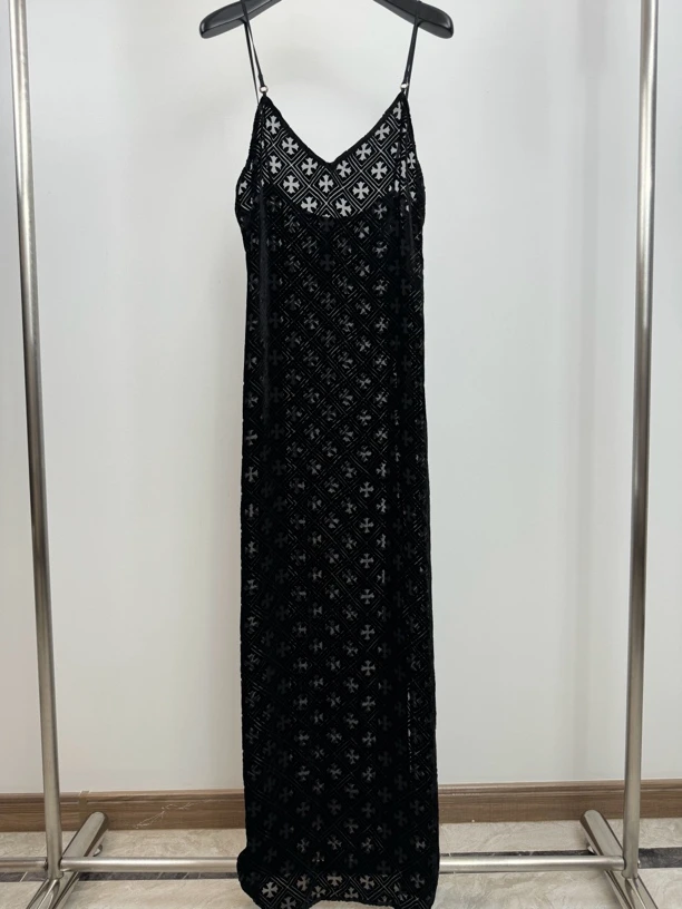全新未使用 Chrome Hearts/克罗心 黑色丝绒满印透明十字吊带长裙
