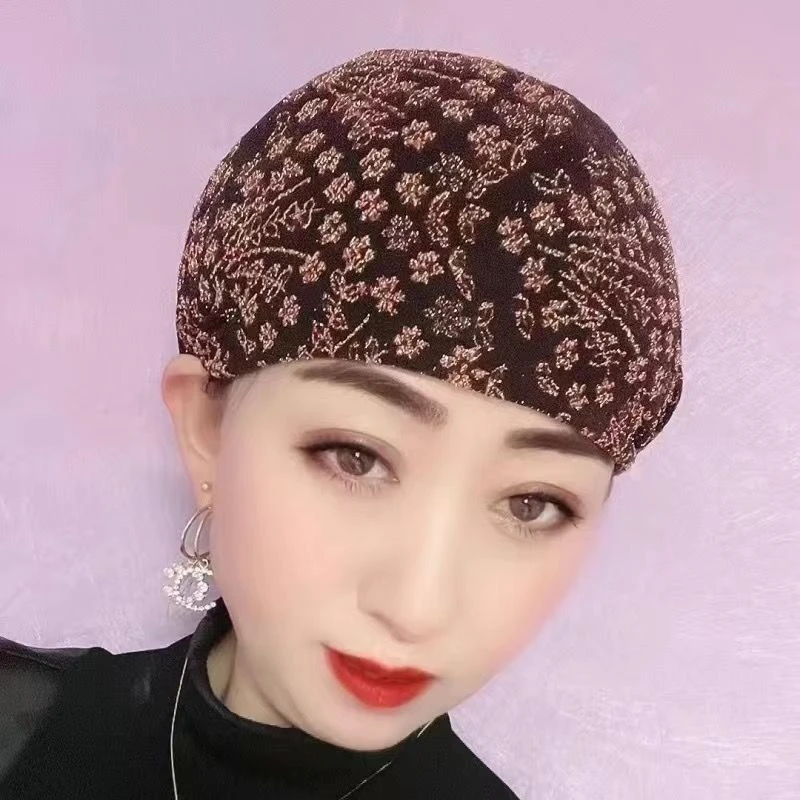 女士新款弹力印花小帽时尚居家透气打底四季里外家居白发妈妈包头