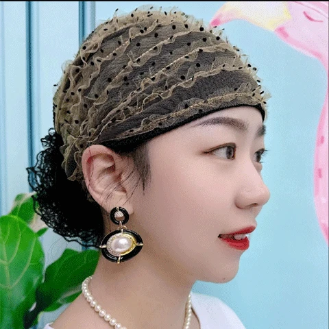 新款蕾丝网纱波点遮白发包头帽盘花透气优雅洋气百搭女发带头巾帽