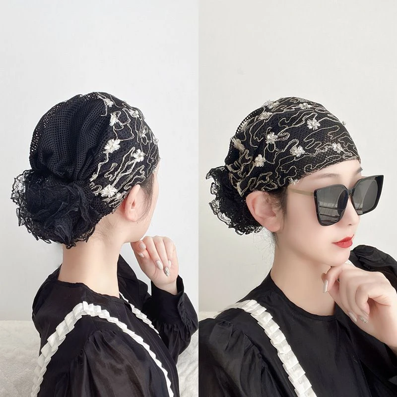 蕾丝绣花遮白发包头帽春秋盘发透气优雅洋气帽子女薄款新款头巾帽
