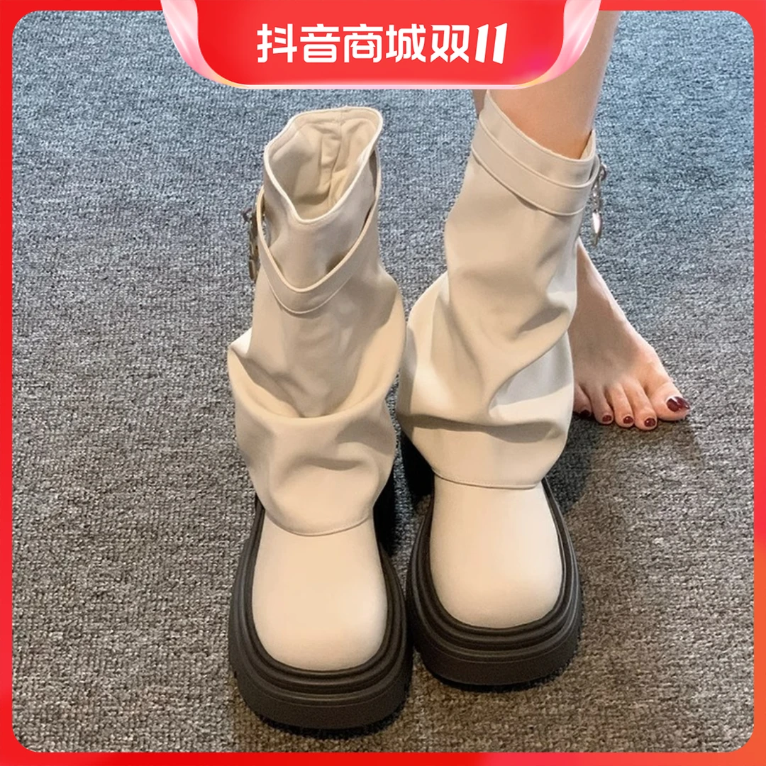春秋时尚百搭真皮马丁靴女网红显瘦圆头瘦瘦靴厚底超火显高短靴子