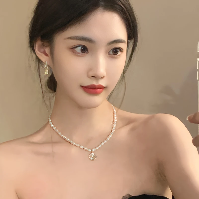 钛钢仿珍珠项链 小香风双子芒星吊坠小众设计感高级法式锁骨链