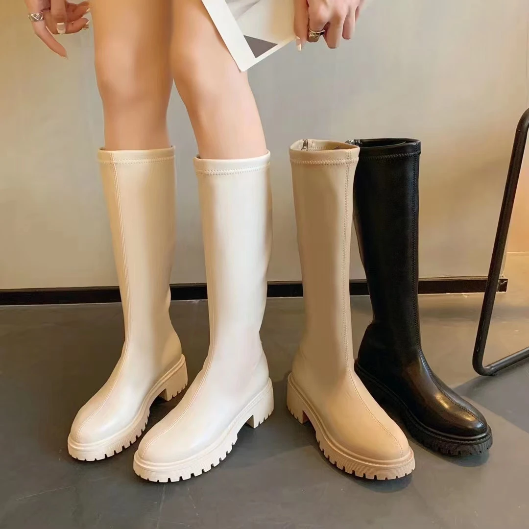 真皮圆头平口长筒靴2023秋冬新款不过膝厚底时尚百搭骑士靴女长靴