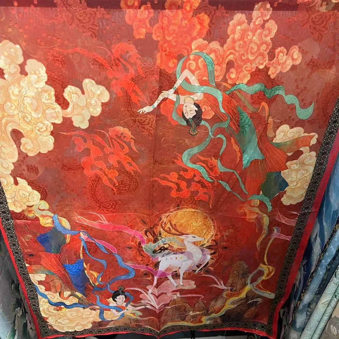 【千里鹿剪花】双十一新款新中式时尚百搭气质国风红色单面丝巾披肩