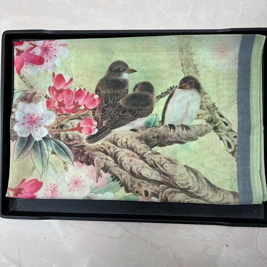 【喜鹊报喜薯莨纱】70*70时尚百搭绿色女士复古中国风单面丝巾