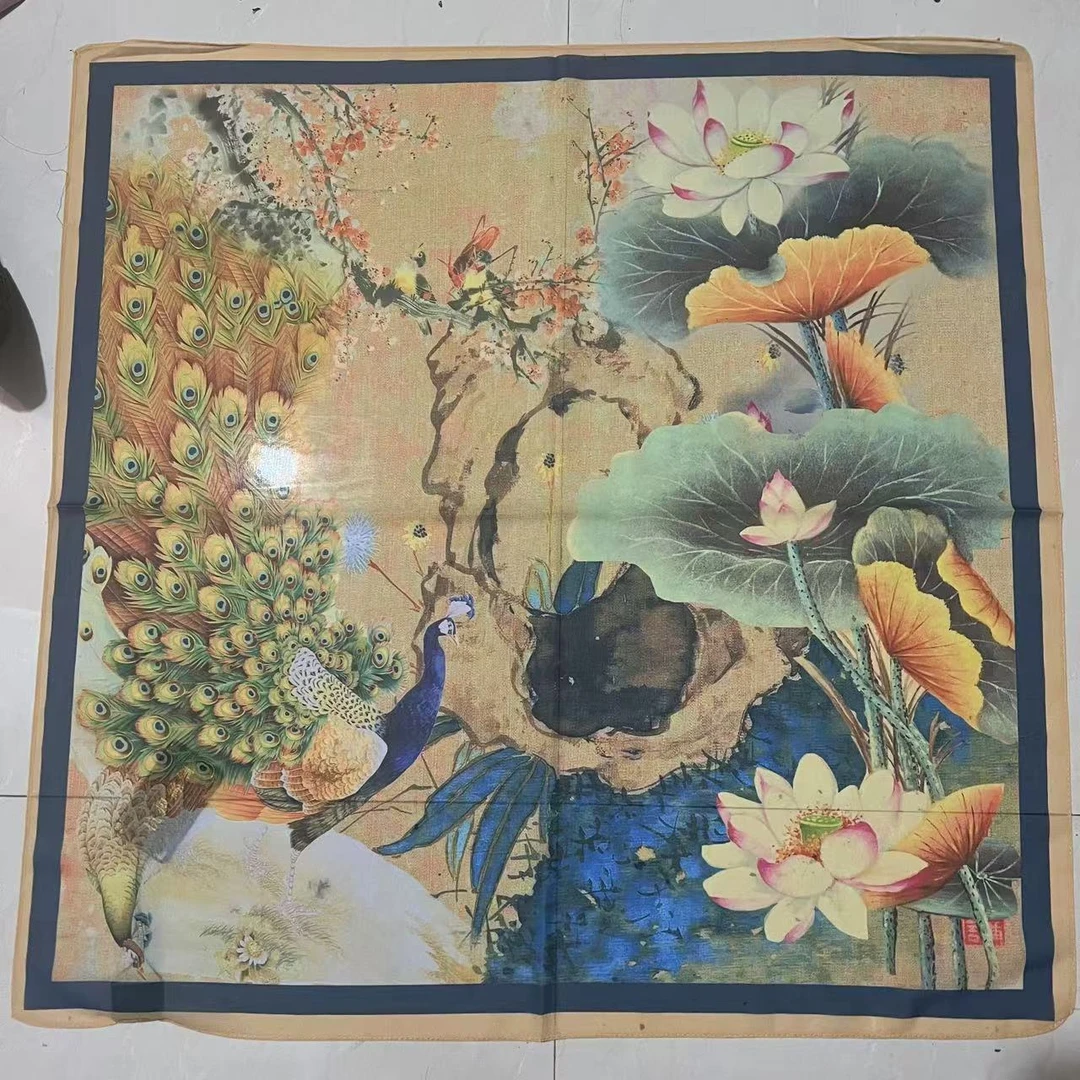 【黄色孔雀】署莨纱70*70气质蓝色复古国风单面丝巾