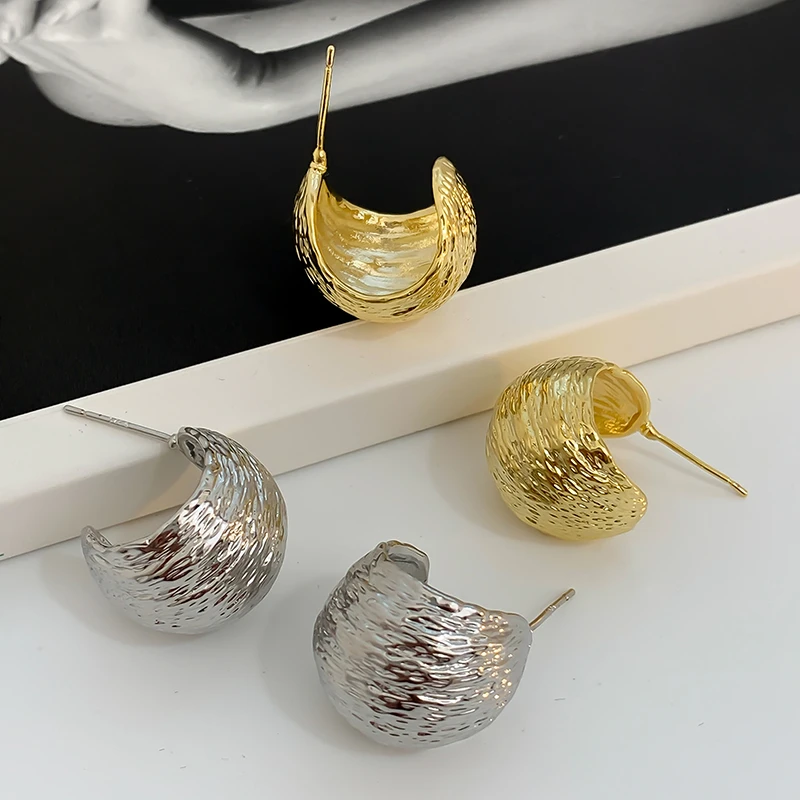 铜合金耳饰 高级感法式轻奢ins金色纹理耳环金属圆球耳钉秋冬新款