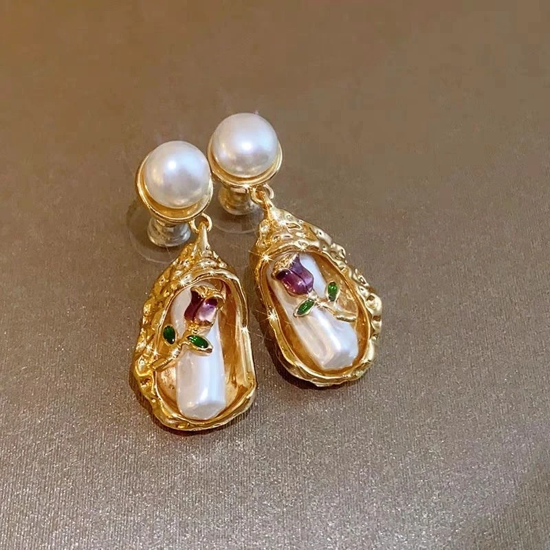 莫奈花园不规则巴洛克仿珍珠耳环紫色耳钉2025新款爆款高级感耳饰