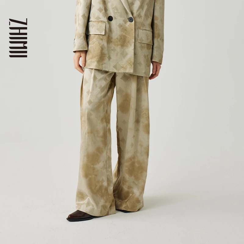 【ZHIMII】新中式吉金炒色铜钱提花工字褶阔腿中腰西装裤