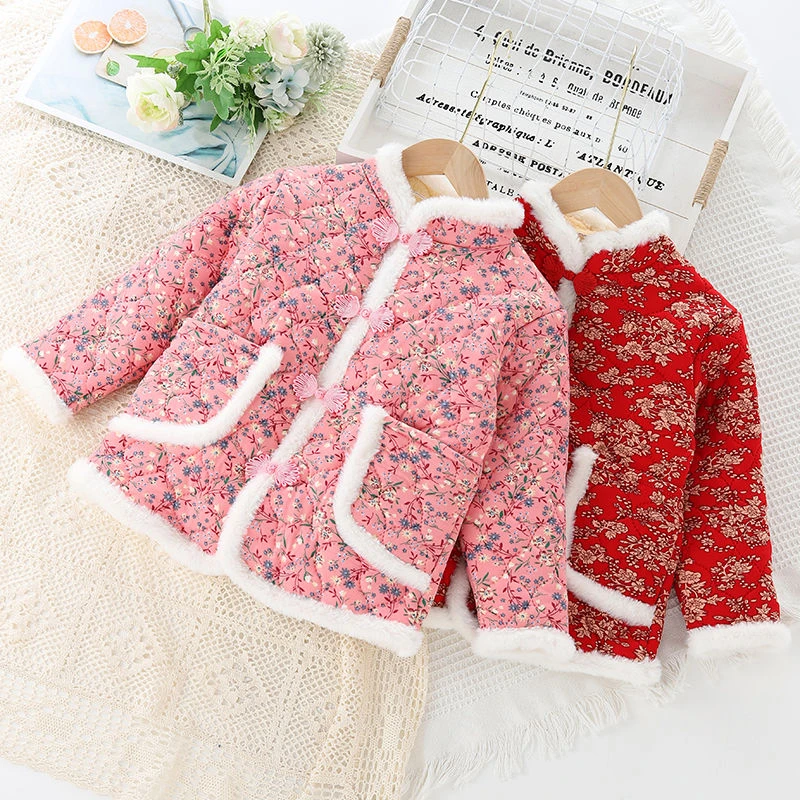 东北大花袄女童秋冬季棉衣新款加绒加棉中大童网红中国风棉服