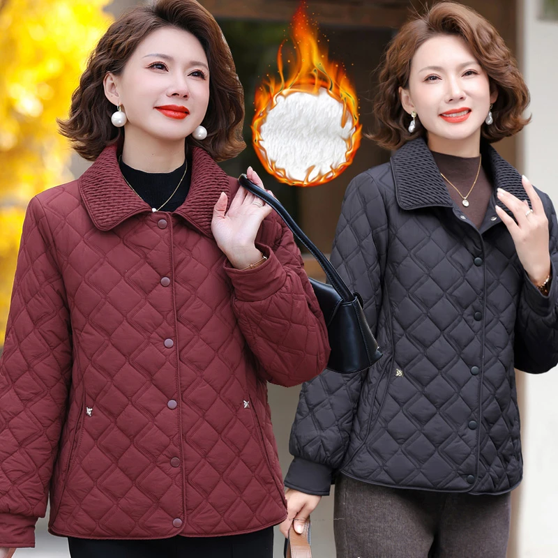 爆款加绒小棉衣秋冬装气质妈妈小翻领轻便加厚夹棉外套中年女棉袄
