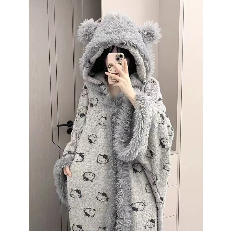 灰色高级凯蒂猫睡袍冬季2024年新款连帽睡袍加绒可爱家居服套装