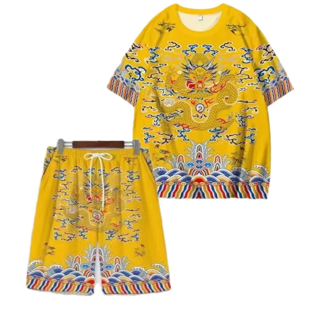 夏季新款中国风龙图案短袖运动皇帝一整套薄款运动短裤套装背心男