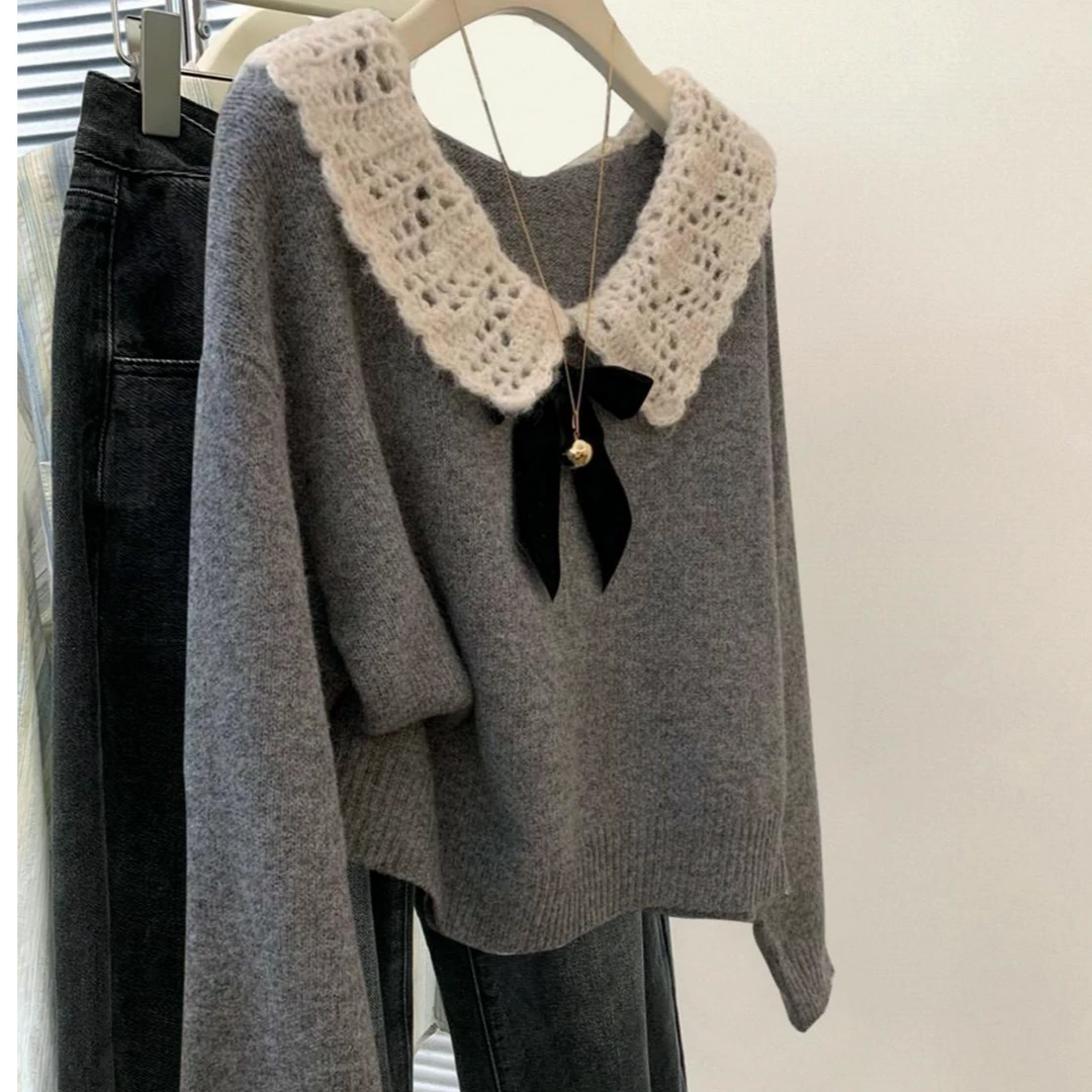灰色翻领蝴蝶结套头毛衣女秋冬2024冬季新款小个子针织衫上衣加厚