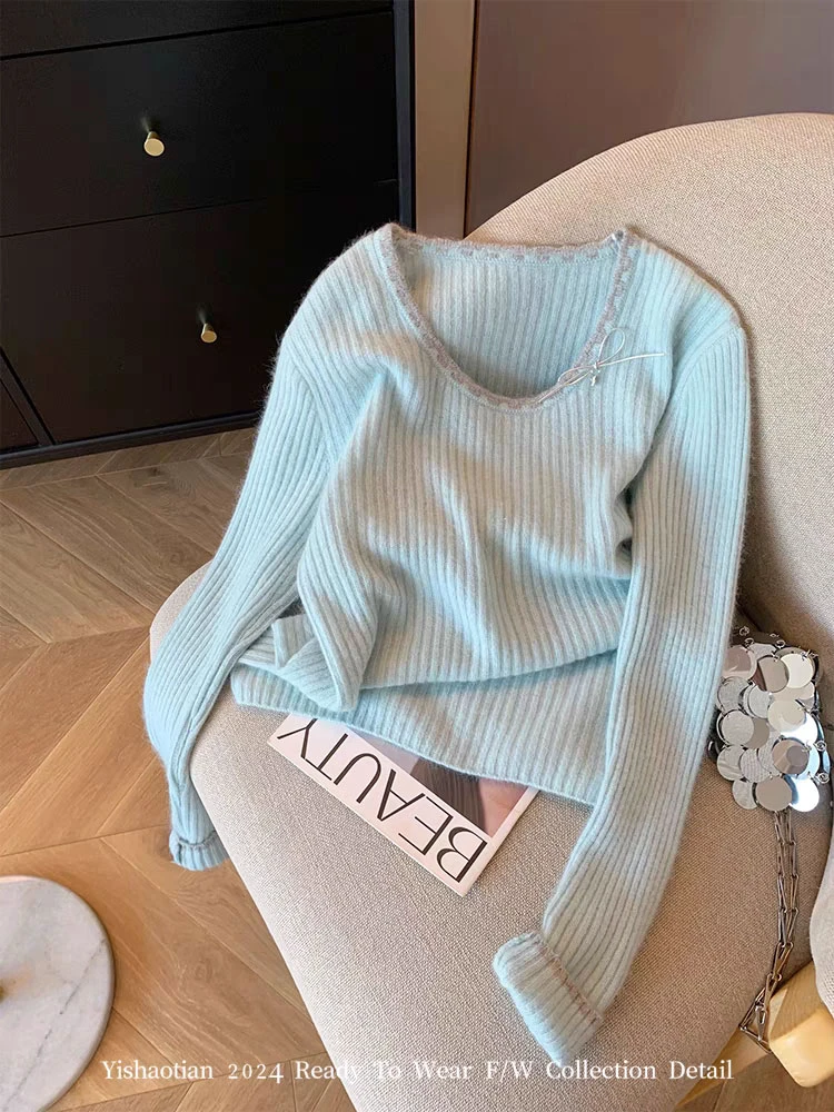 法式奶呼呼软奶蓝毛衣针织衫女2024秋冬新款软糯糯慵懒风温柔上衣
