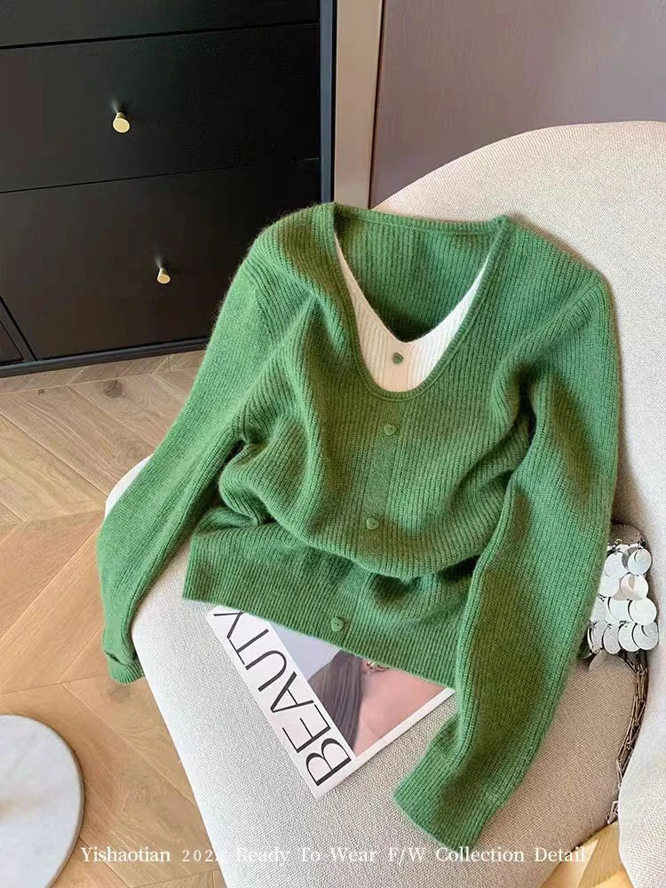 复古苔藓绿假两件毛衣女秋冬2024新款宽松慵懒风软糯糯针织衫上衣