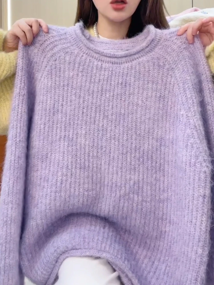 韩系简约紫色卷边套头毛衣女2024秋冬新款别致宽松洋气针织衫上衣