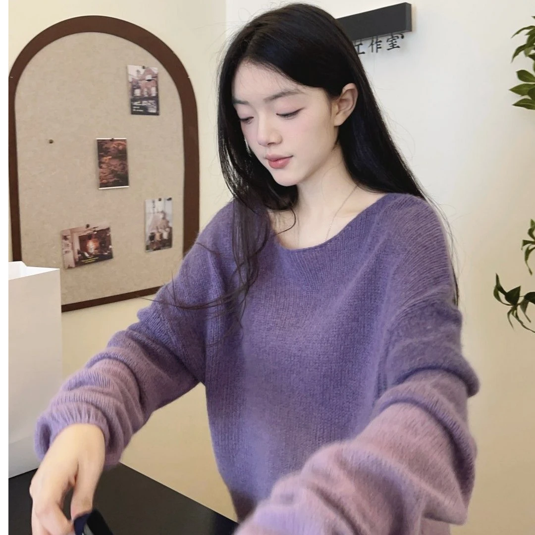 渐变紫色复古套头宽松毛衣外穿慵懒高级感女士秋冬加厚针织衫上衣