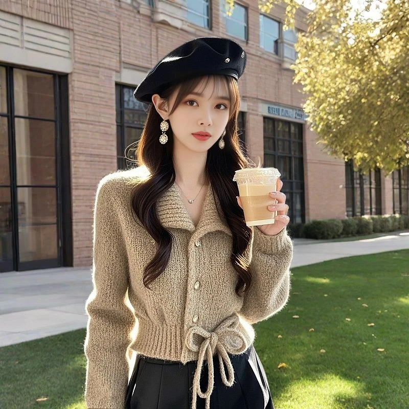 独特超好看燕麦色毛衣女款2024秋冬新款韩系软糯外穿翻领针织上衣