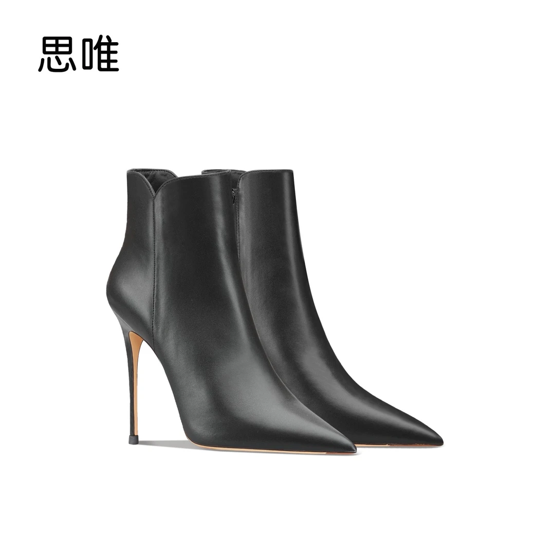 思唯黑色哑光侧面拉链低筒短靴女2025年新款秋冬细跟尖头裸靴气质