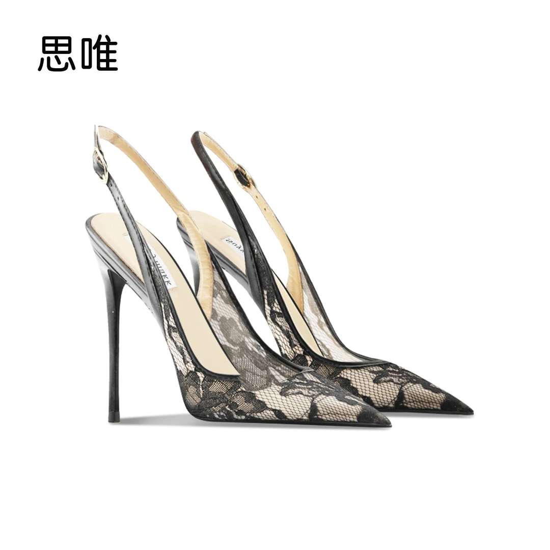 思唯黑色蕾丝一字式扣带包头凉鞋女2025年新款细跟后空性感单跟鞋