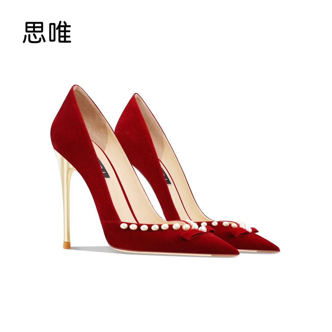 思唯酒红色绒面V口蝴蝶结珍珠高跟鞋2024新款爆款浅口金属跟单鞋