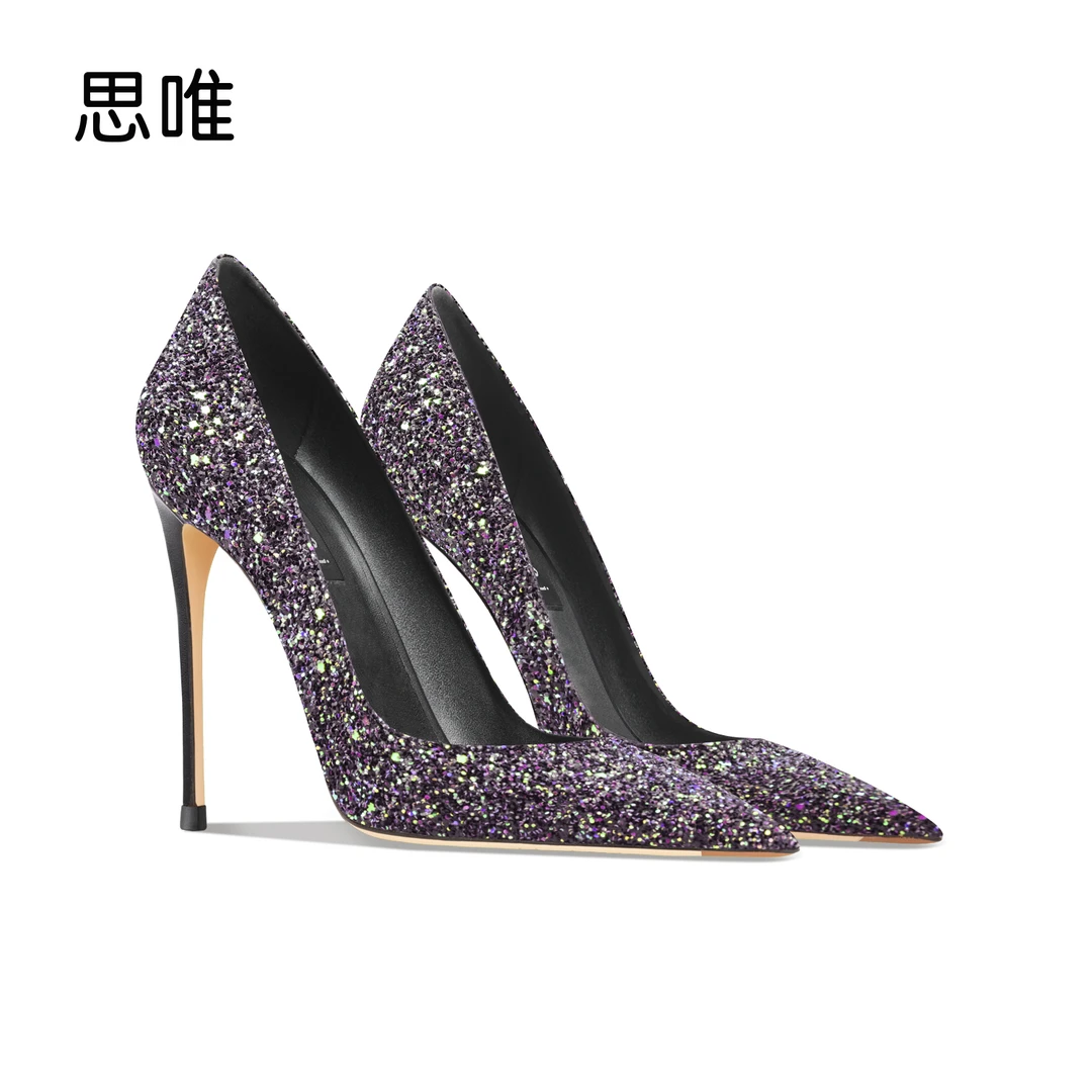 黑色亮片彩色高跟鞋女2024年新款细跟尖头浅口时尚百搭性感单跟鞋