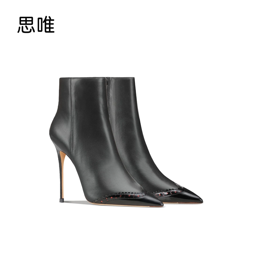 思唯黑色拼接高跟短靴女2025年新款细跟洋气侧拉链百搭时尚短筒靴