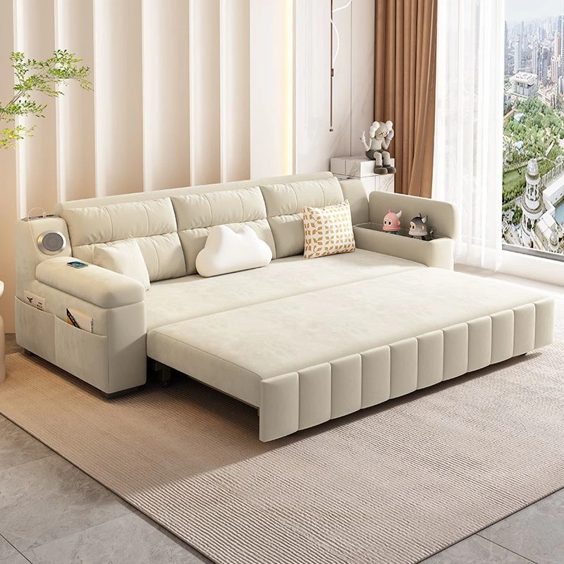 奶油风猫爪绒布沙发床折叠两用小户型客厅双人卧室坐卧可推拉储物