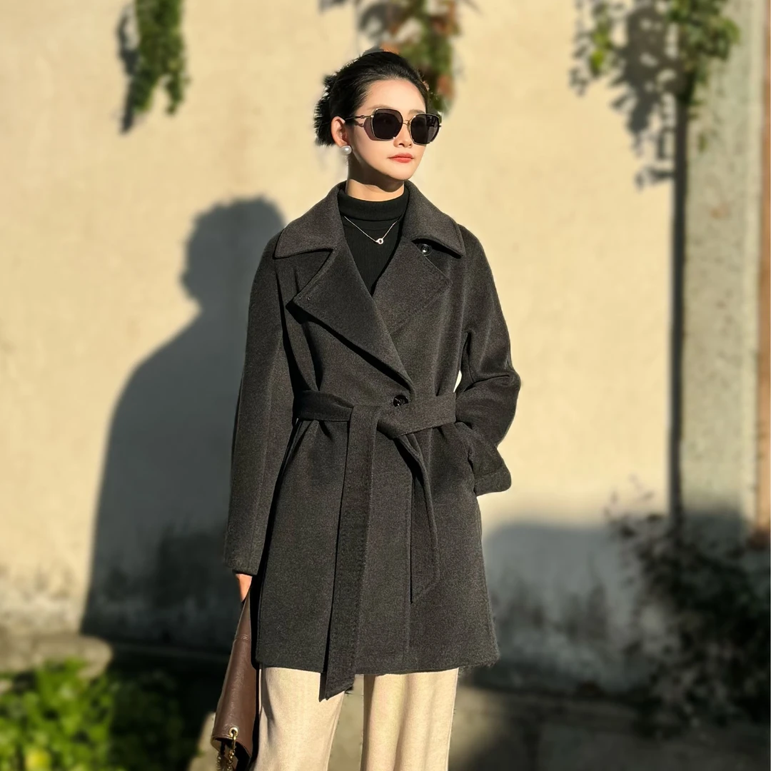 德莱妮思加厚短中长款50%羊绒全里衬 小个子一粒扣大翻领秋冬修身