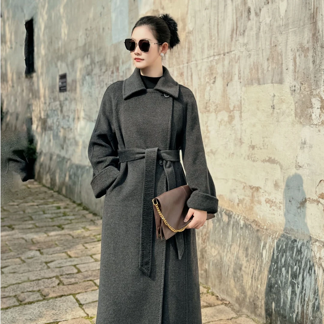 高端加厚双面羊绒大衣女款秋冬大袖毛呢外套长款一粒扣灰色大翻领