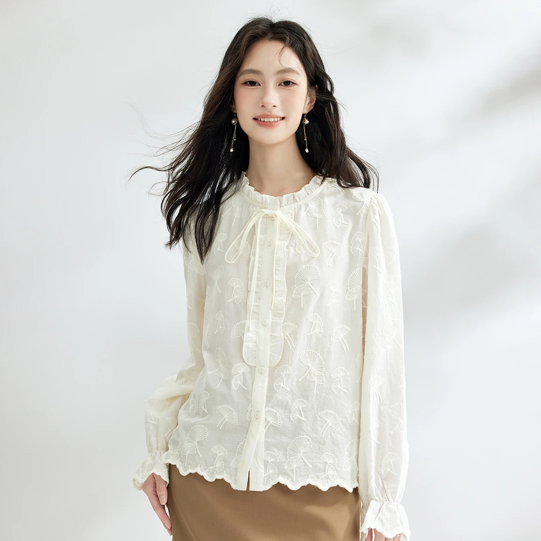 茵曼2024春秋新款女衬衫衬衣长袖气质纯棉领休闲印花通勤绣花爆款