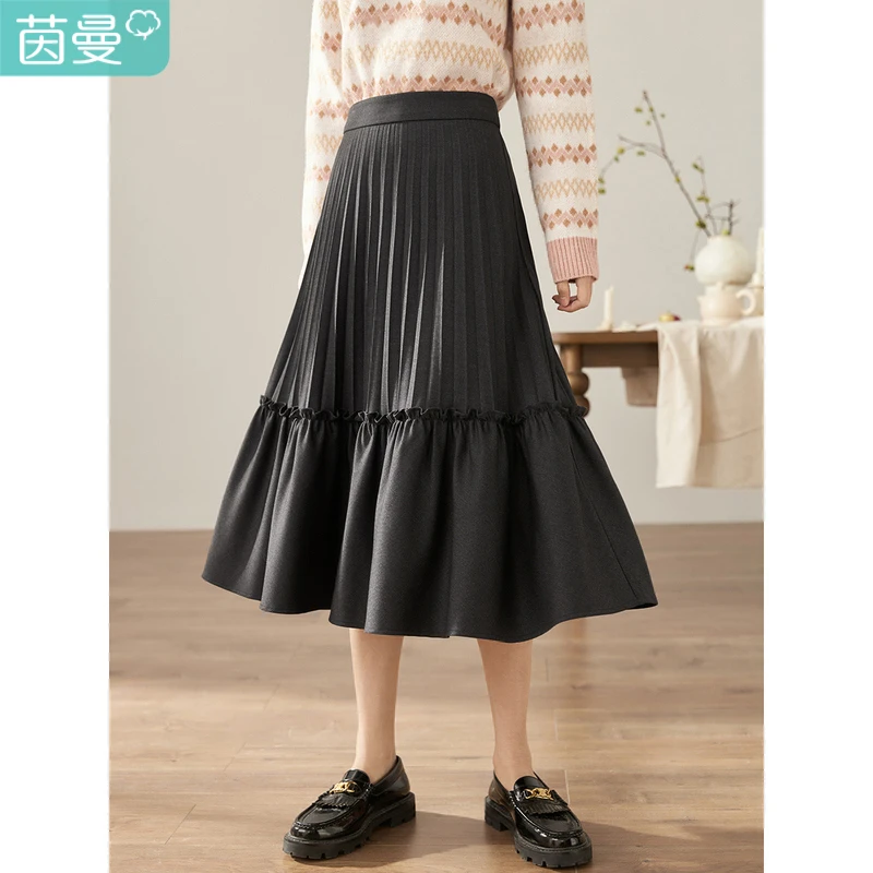 茵曼冬季女半身裙A字裙子显瘦女士休闲新款黑色百搭太阳时尚腰