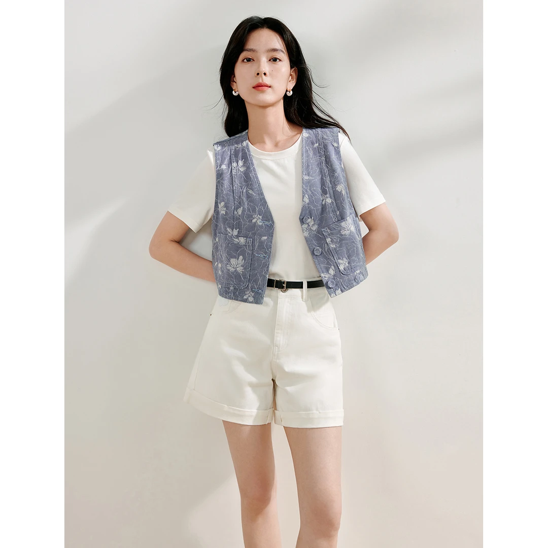 茵曼2024夏季新款女马夹马甲牛仔衬衫女装休闲女马时尚口袋棉马