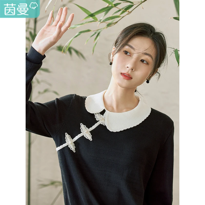 茵曼春秋女毛针织衫上衣毛衣新款长袖精致女士宽松薄款气质套头