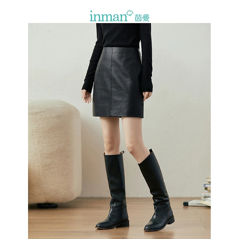 【雅丹风】茵曼冬季女半身裙短裙皮裙A字休闲显瘦真皮毛衣百搭短款