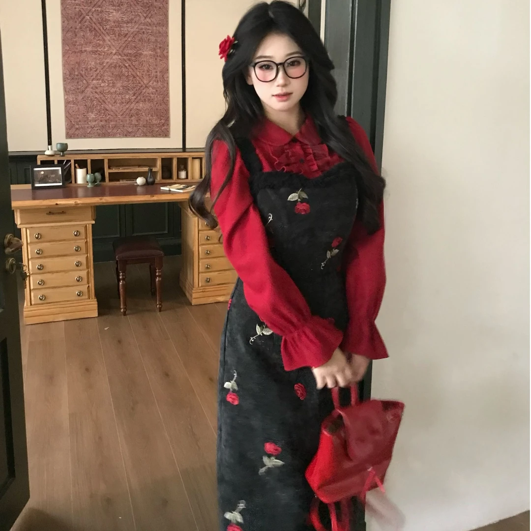 安妮不火长款新款红黑复古玫瑰刺绣收腰设计款连衣裙女A244Q0573