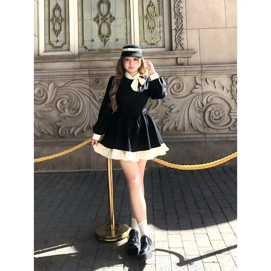 安妮不火【留洋莉德安】赫本风拼色小众复古小黑裙连衣裙A243Q0451