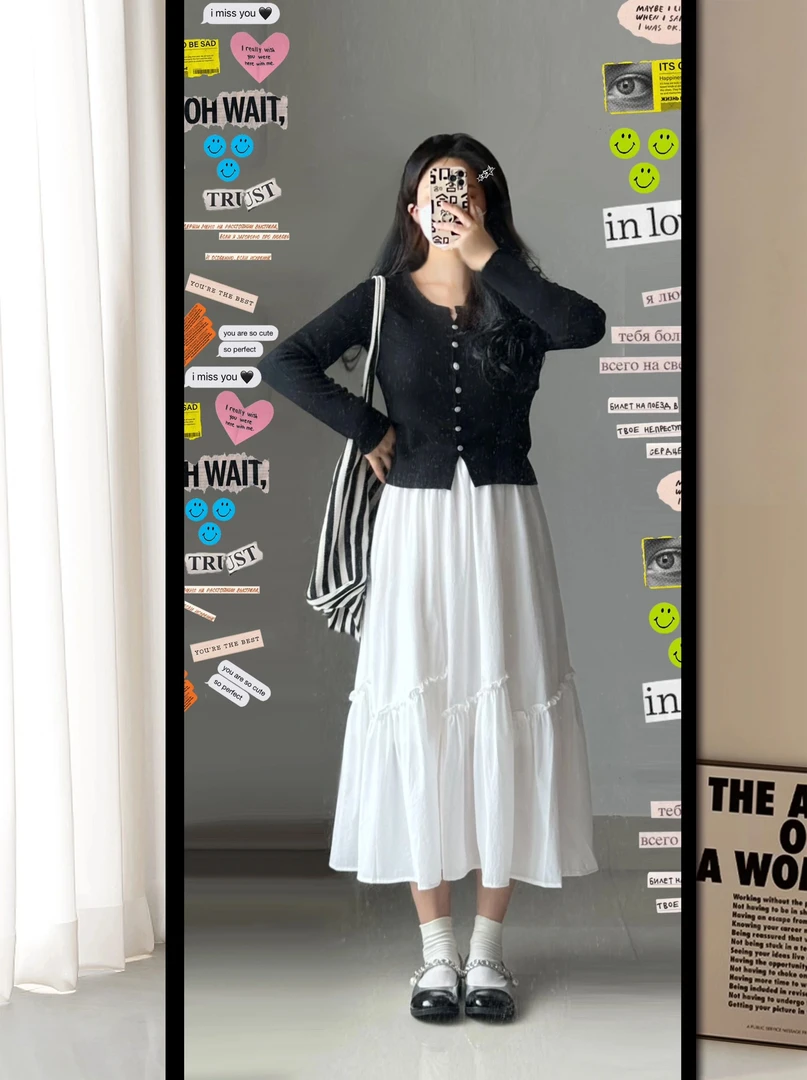 夏季白色百搭半身裙日系设计感木耳边高腰伞裙不规则a字中长裙子