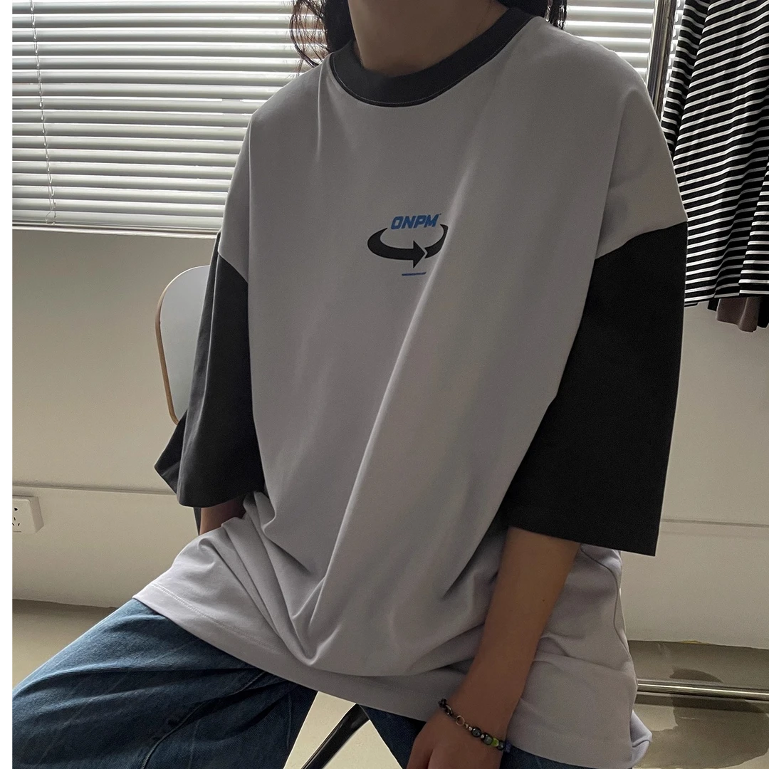 清仓专属  夏季新款 潮牌撞色短袖T恤复古宽松纯棉情侣印花上衣