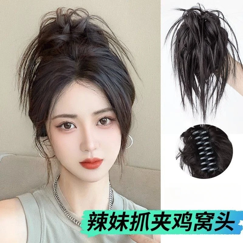 慵懒风辣妹长须懒人抓夹蓬松凌乱毽子头鸡窝头仿真发女丸子头发圈