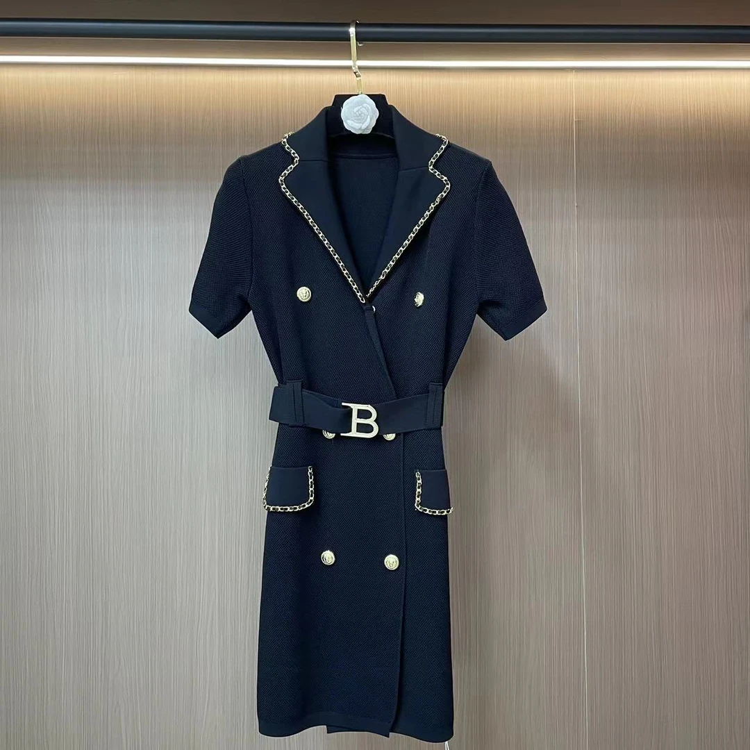 5582新中式轻奢时尚显瘦气质小香风针织收腰修身设计师女装连衣裙