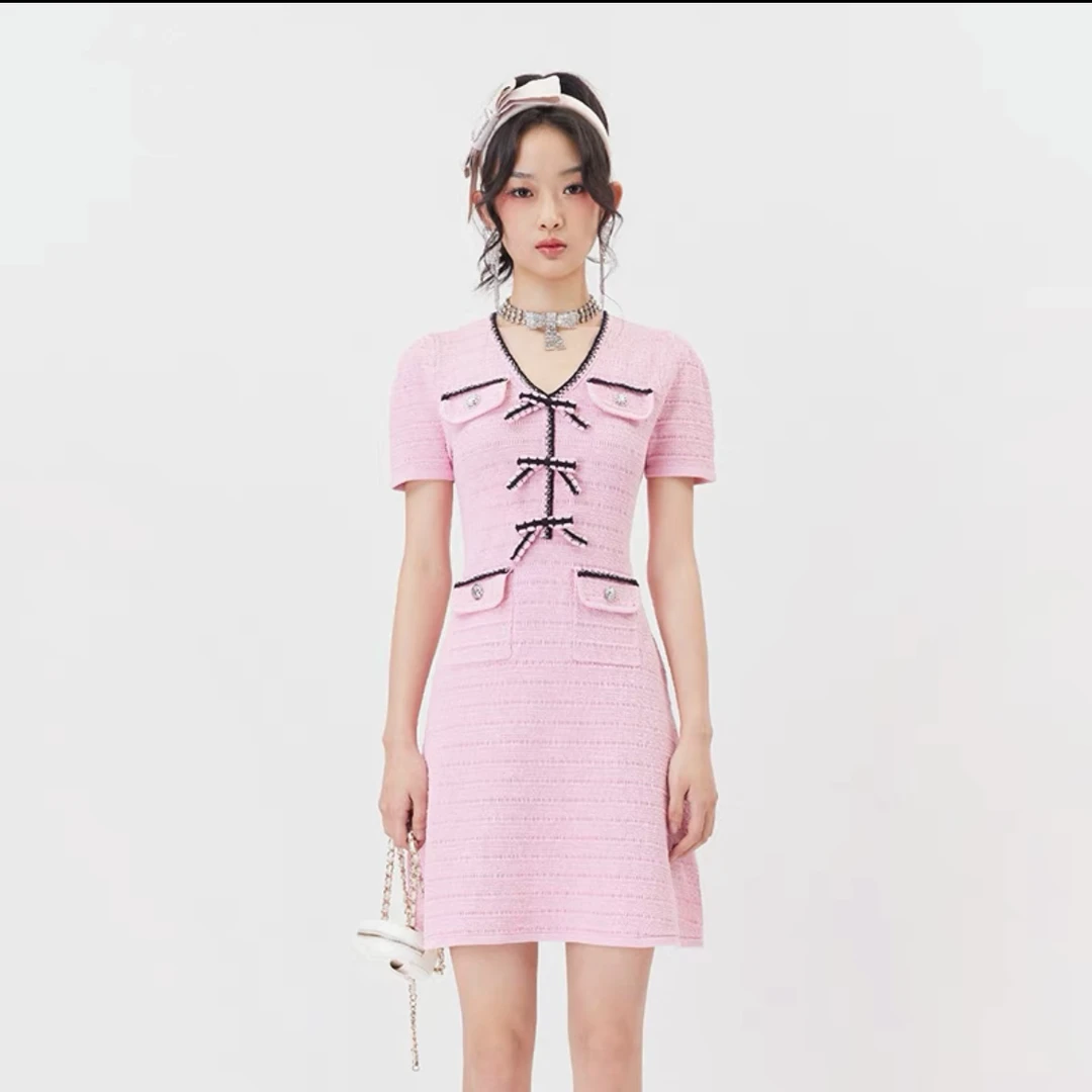 5580新中式小香风气质时尚夏季短款编织修身包臀甜美复古连衣裙